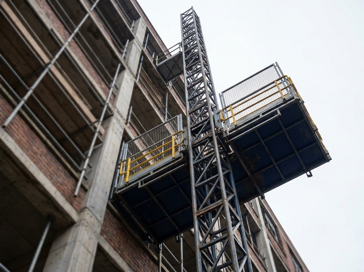 External steel-lattice goods hoist mounted on a construction site building